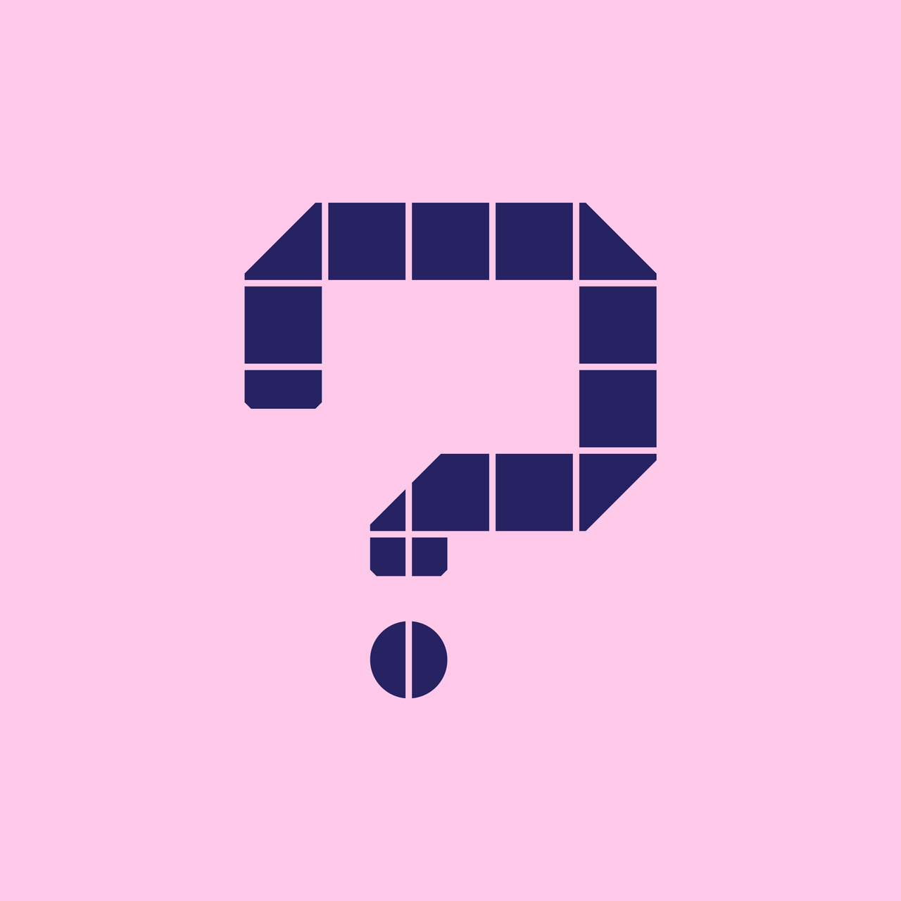 Geometric dark purple question mark with a segmented circular dot on pink.