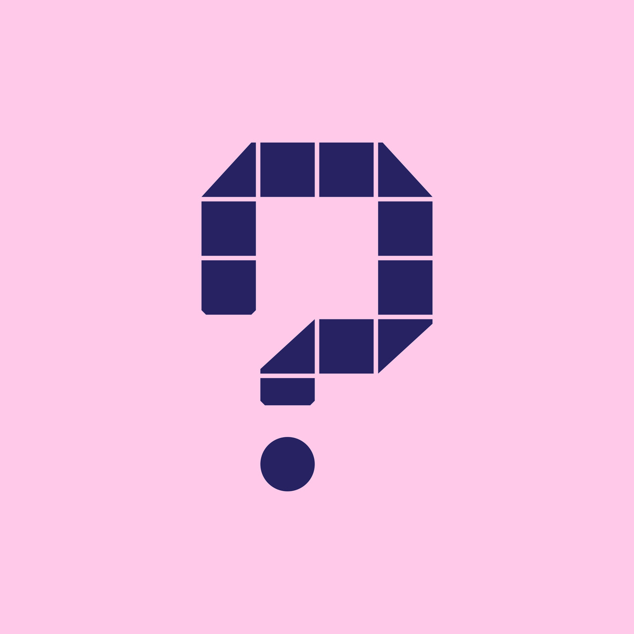 Geometric dark purple question mark with a solid circular dot on pink.