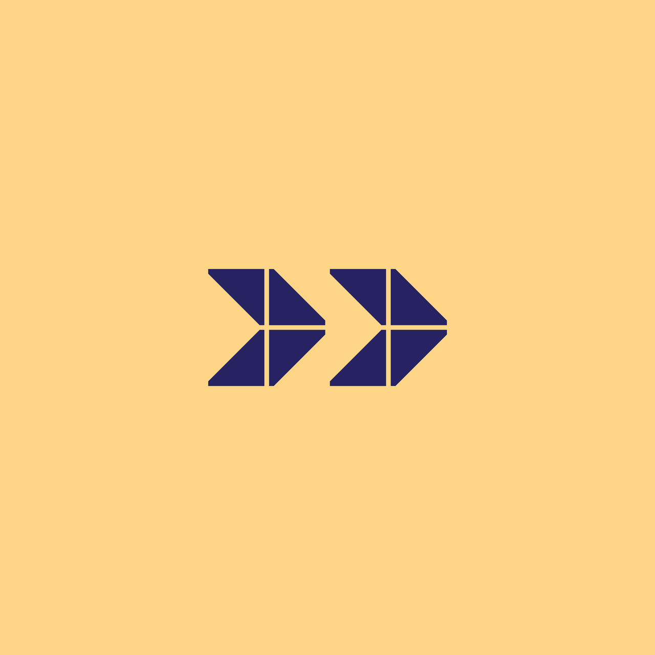 Two right-pointing guillemet chevrons formed from dark purple tiles on yellow.