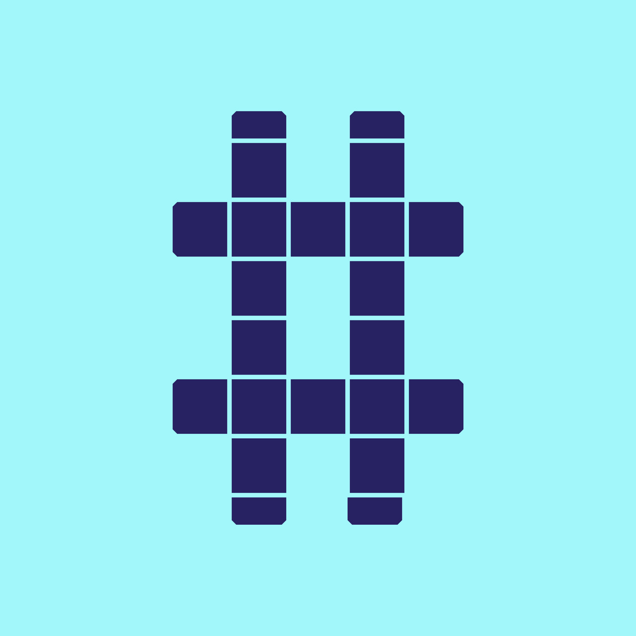 Number sign formed from dark purple geometric tiles on cyan.