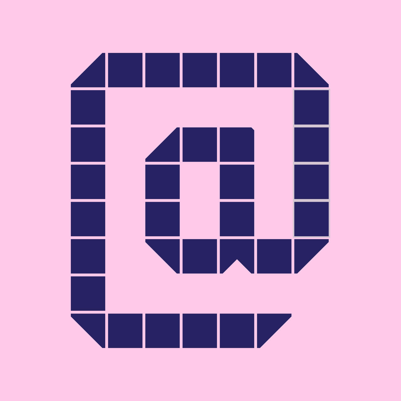 At sign formed from dark purple geometric tiles on pink.