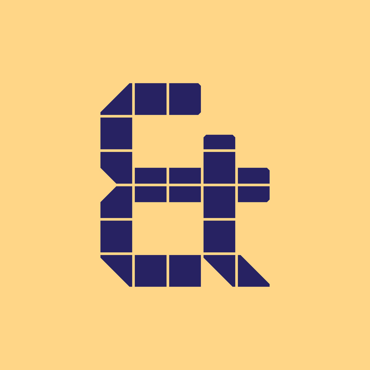 Geometric ampersand with angular E-like and t-like forms in dark purple on yellow.