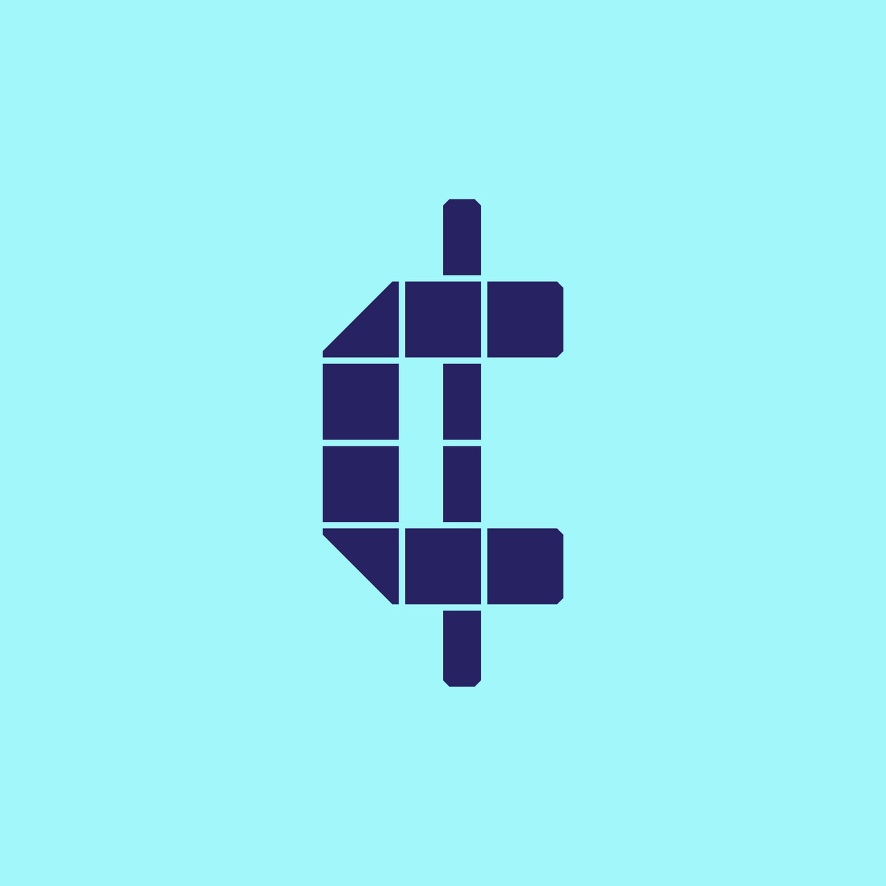 Geometric cent symbol in dark purple on a pale cyan background.