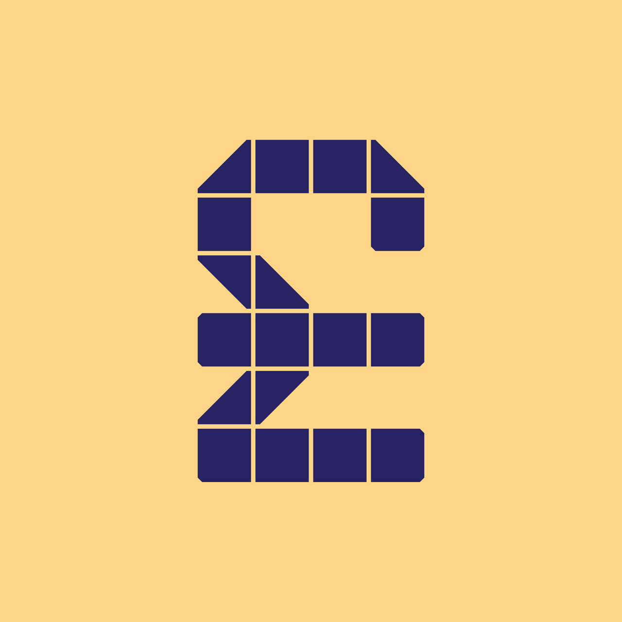 Geometric pound sterling symbol in dark purple on yellow.