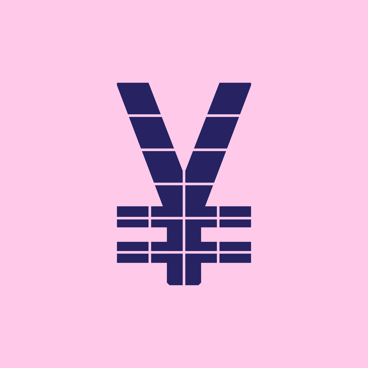 Geometric yen symbol in dark purple on a pink background.