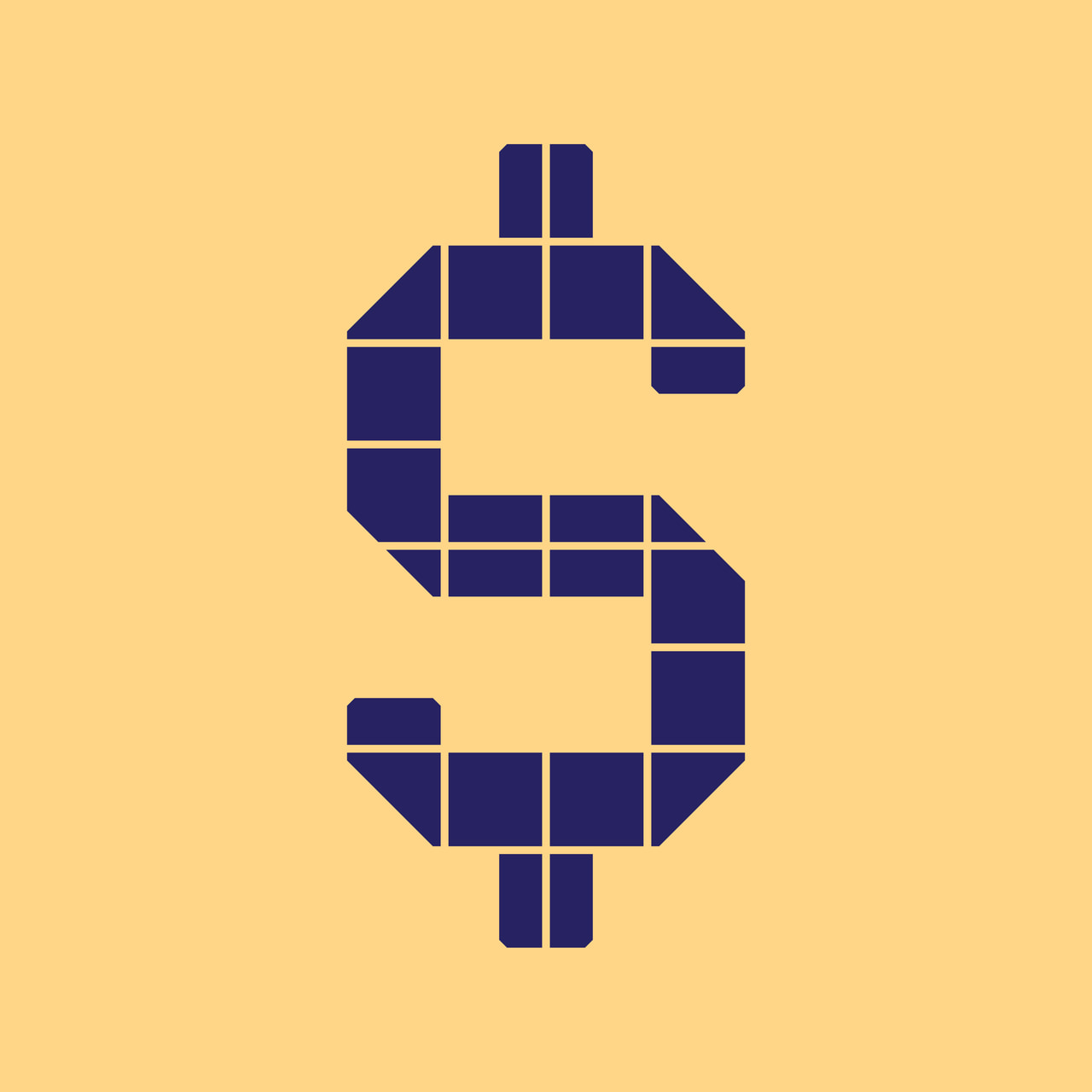 Geometric dollar sign with two vertical strokes in dark purple on yellow.