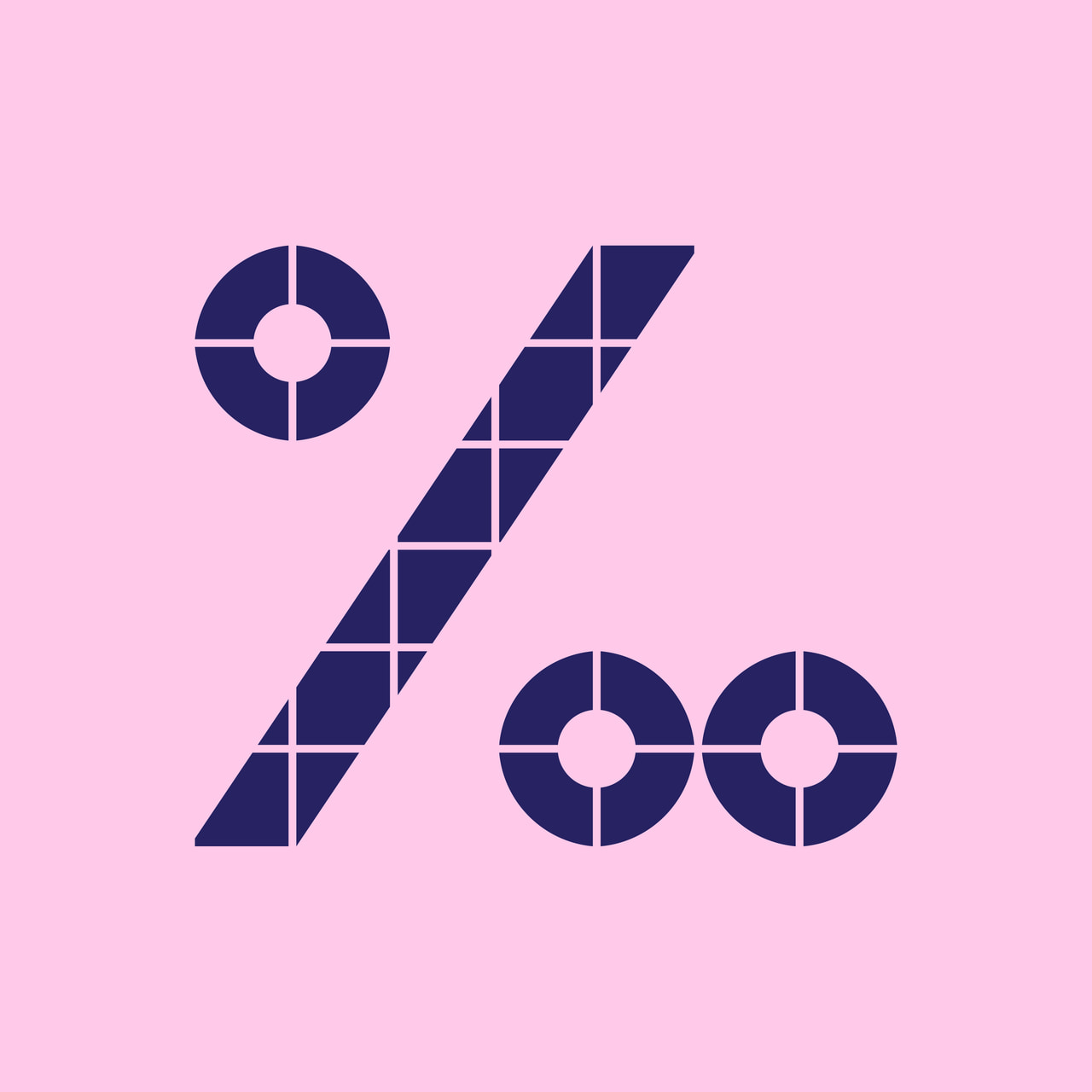 Per mille symbol with three circular rings and a diagonal stroke in dark purple on pink.
