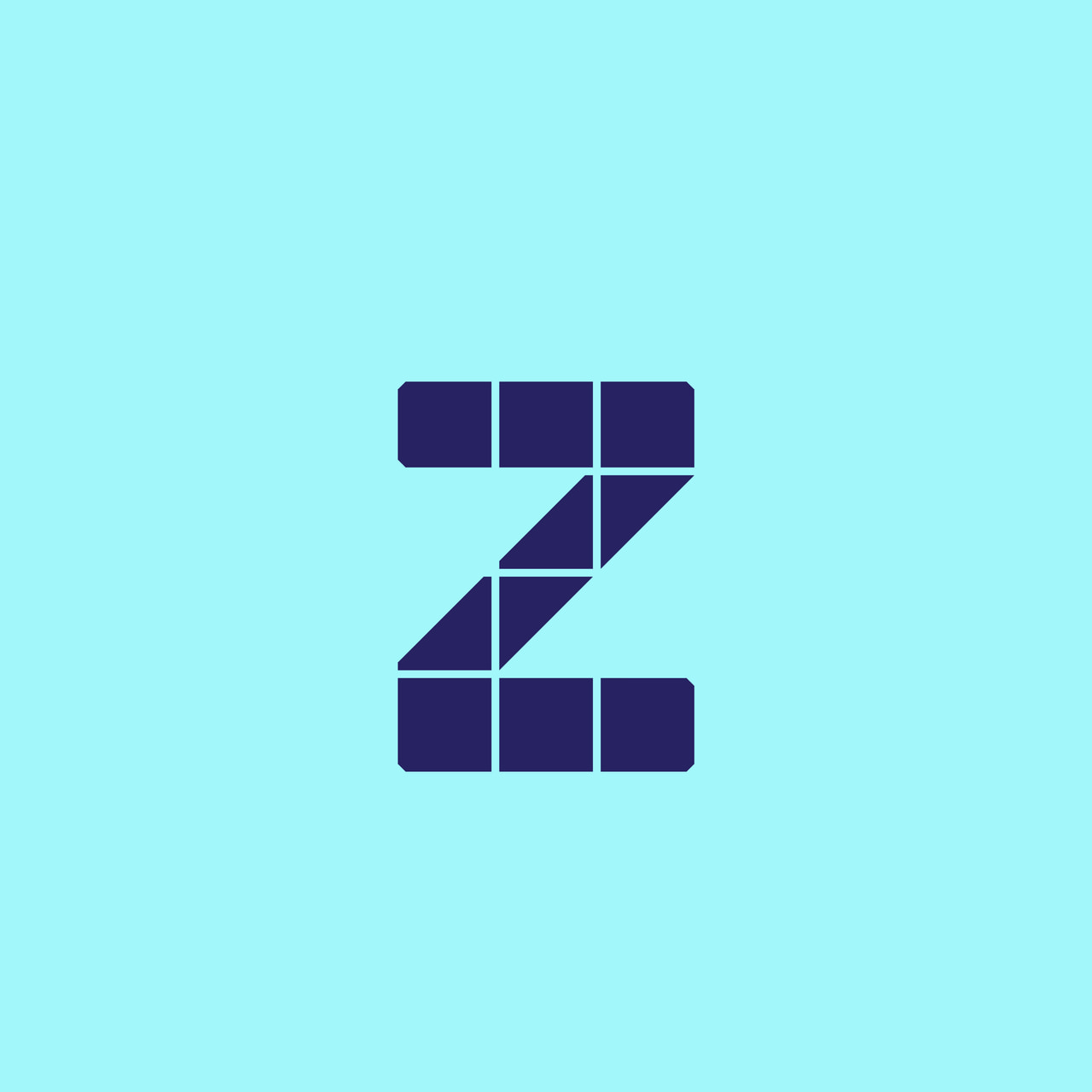 Lowercase z formed from dark purple geometric tiles on cyan.
