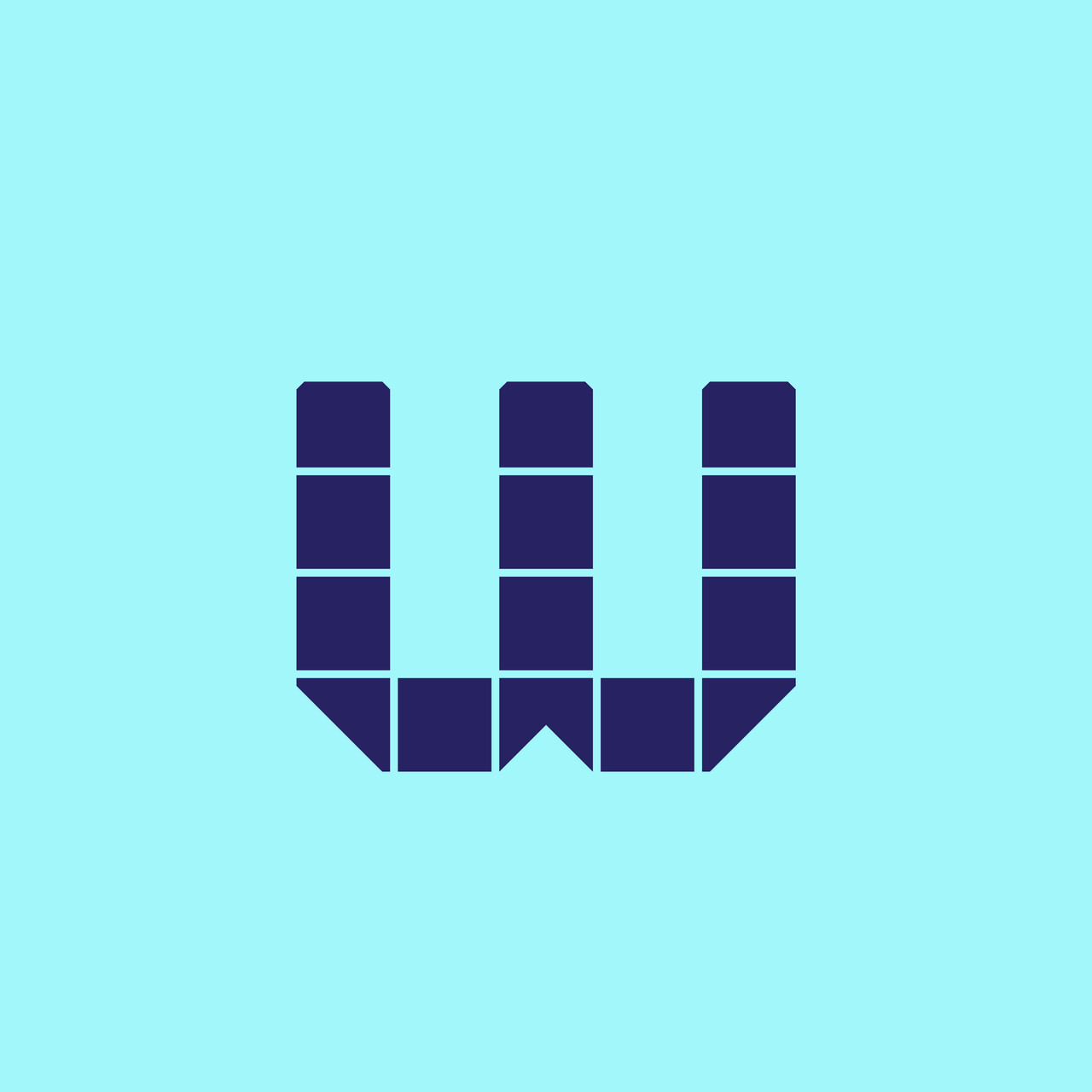 Lowercase w formed from dark purple geometric tiles on pale cyan.