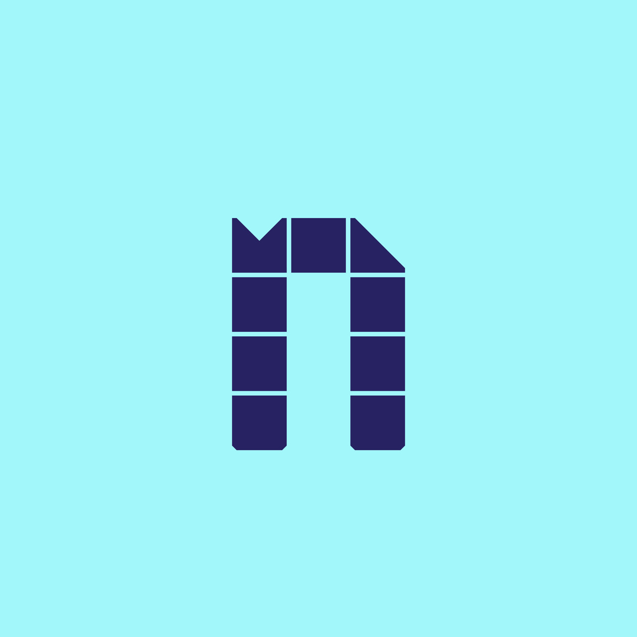 Lowercase n formed from dark purple geometric tiles on cyan.
