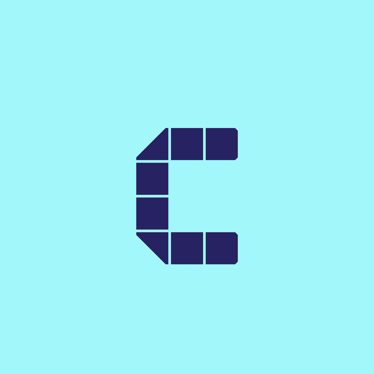 Lowercase c formed from dark purple geometric tiles on cyan.