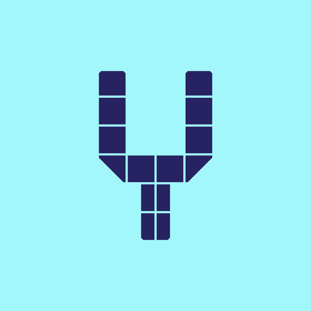 Geometric uppercase Y in dark purple on cyan.