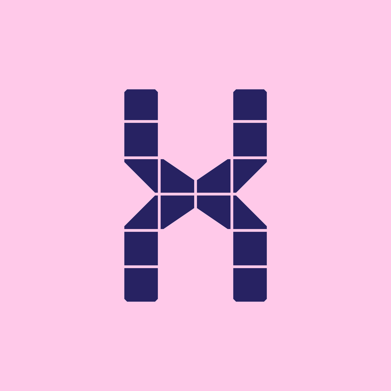 Geometric uppercase X in dark purple on pink.