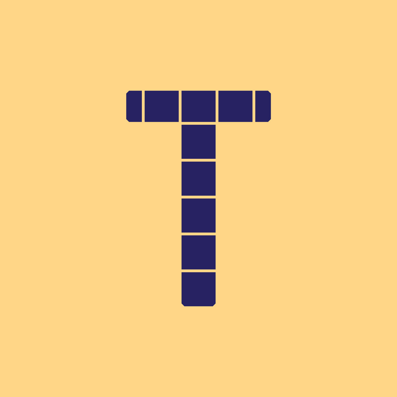 Geometric uppercase T in dark purple on yellow.