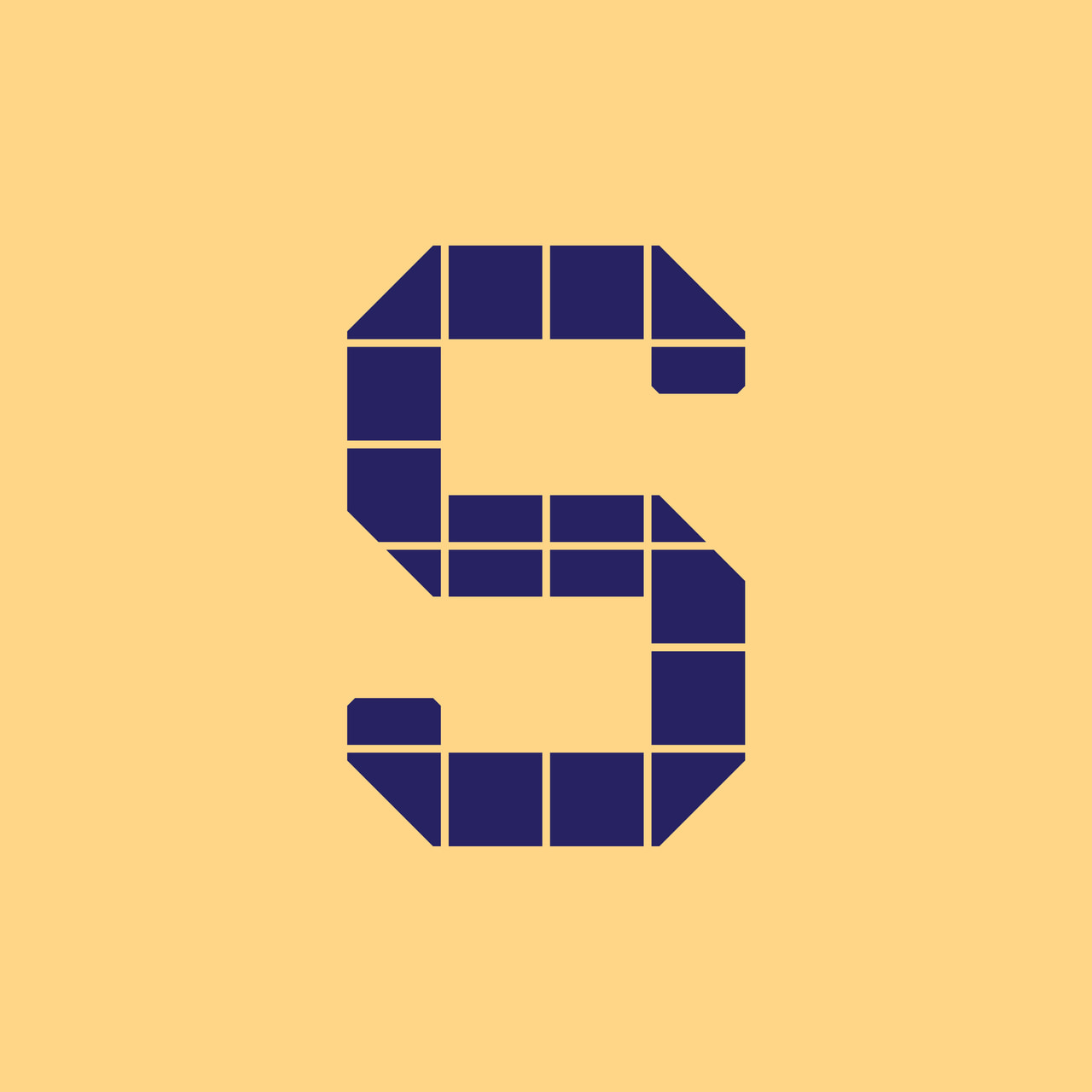 Geometric uppercase S in dark purple on yellow.