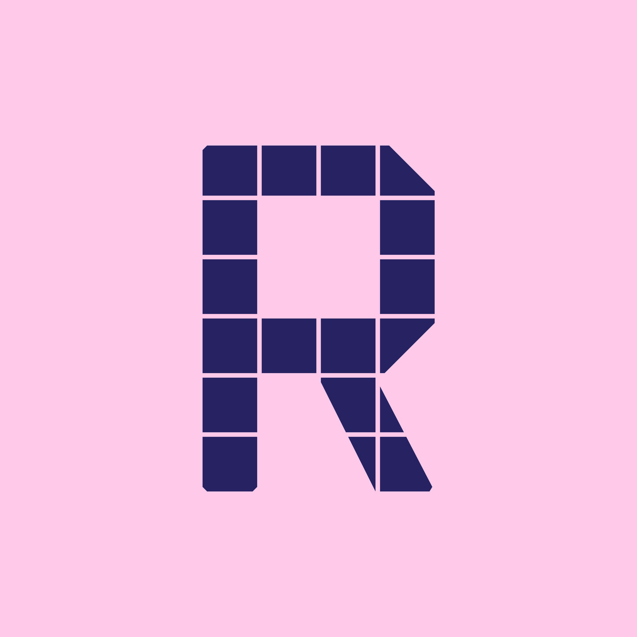 Geometric uppercase R in dark purple on pink.
