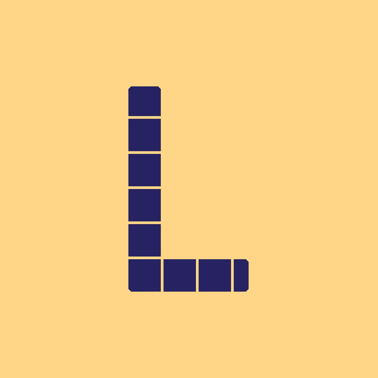 Geometric uppercase L in dark purple on yellow.