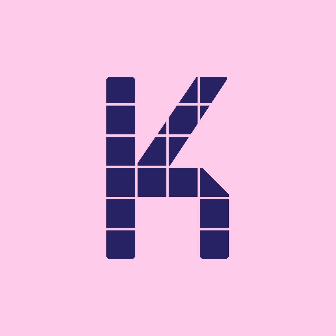 Geometric uppercase K in dark purple on pink.