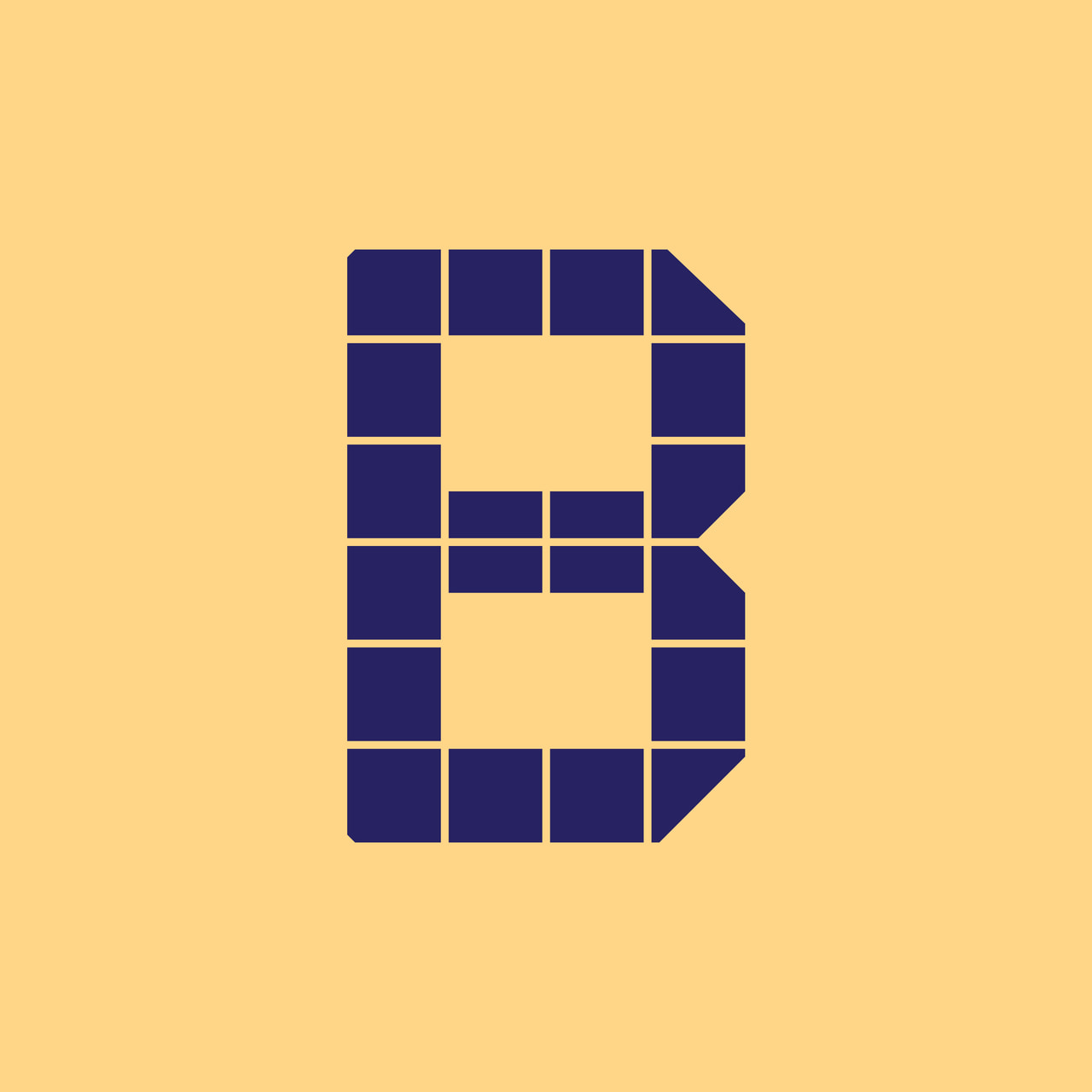 Geometric uppercase B in dark purple on yellow.