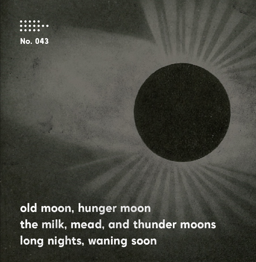 Poem No. 043 beneath a large dark circle: old moon, hunger moon / the milk, mead, and thunder moons / long nights, waning soon.