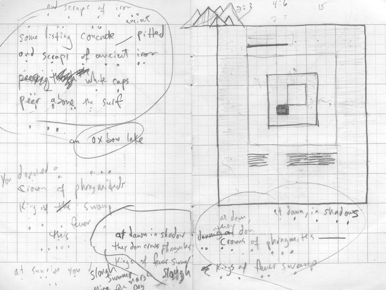 Pencil notebook page with circled poetry drafts about listing concrete, pitted and ancient iron, and peering above the surf; lower drafts explore dawn shadows, crowns of phragmites and kings of fever swamps. Beside them is a page-layout sketch with nested rectangular frames, a small filled square and short text-line blocks. Crossed-out words and syllable-count dots show revisions.