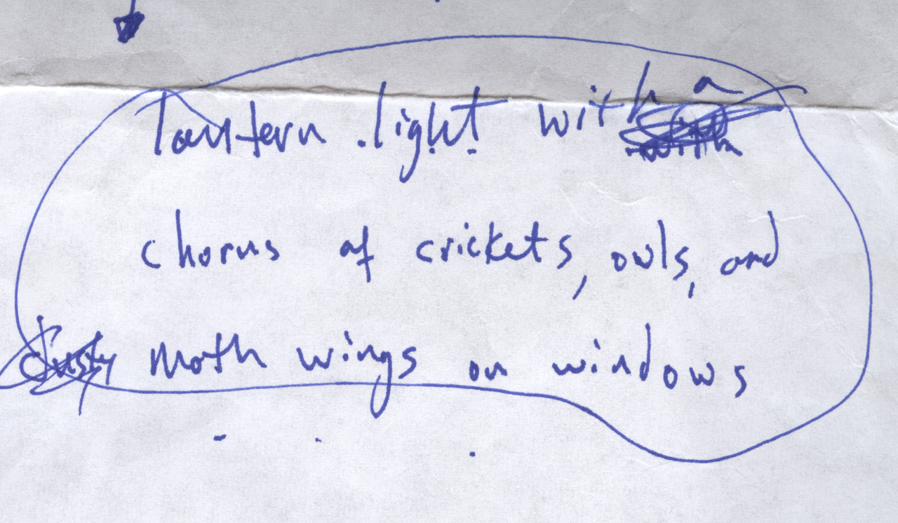 Circled blue handwritten poem draft with crossed-out revisions: Lantern light with a chorus of crickets, owls, and moth wings on windows.
