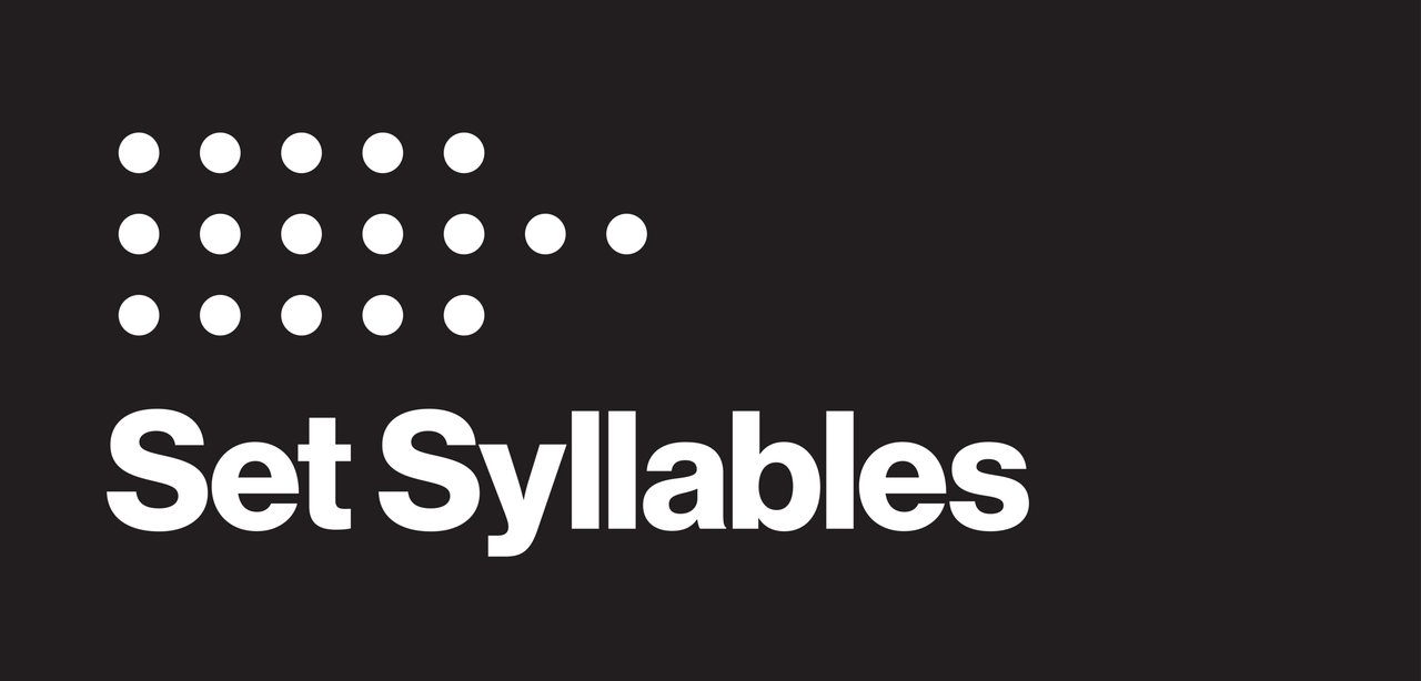 Set Syllables wordmark in white beside three rows of small dots on dark brown.