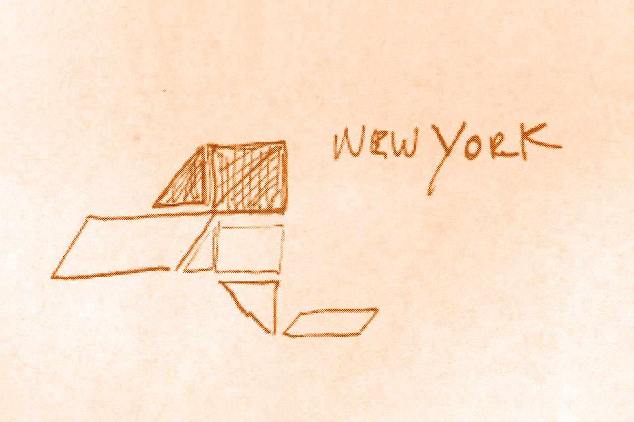Orange-brown geometric outline labeled “New York,” with a hatched upper section on textured cream paper.