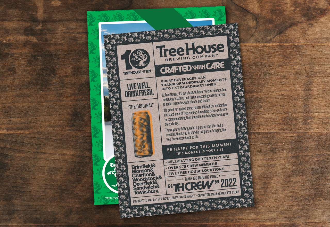 Tree House printed cards on a wooden surface, with a Crafted With Care message and THCREW 2022 lettering framed by small geometric patterns.