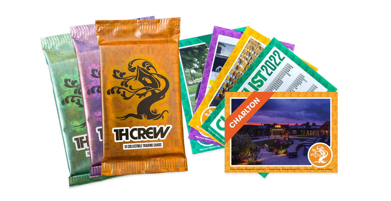 Collection of colorful Tree House printed cards and packets, including an orange THCREW packet and scenic illustration.