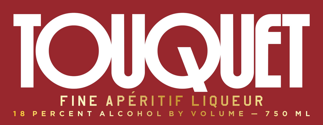 Touquet fine aperitif liqueur label with large white geometric lettering on dark red; 18 percent alcohol by volume, 750 ml.