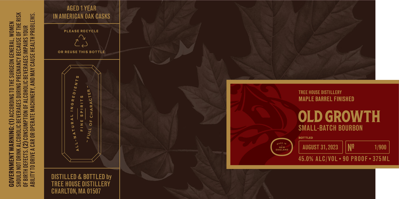 Flat Old Growth small-batch bourbon label artwork combining dark leaf illustrations, burgundy and gold panels, and a bottle outline.