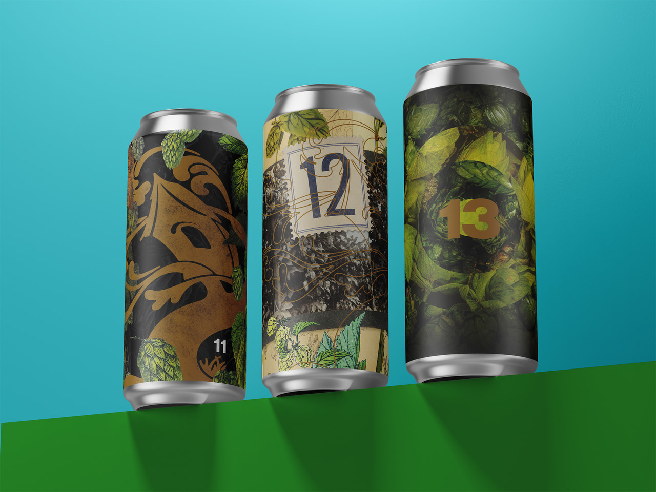 Three aluminum beverage cans with distinct botanical and numeral designs, arranged on a green surface against a teal background.