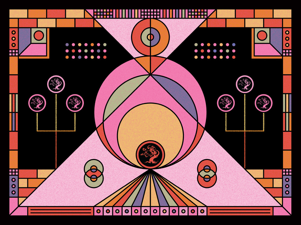 Symmetrical geometric artwork with pink, orange and yellow circles, triangles, grids and small ornamental tree marks on black.