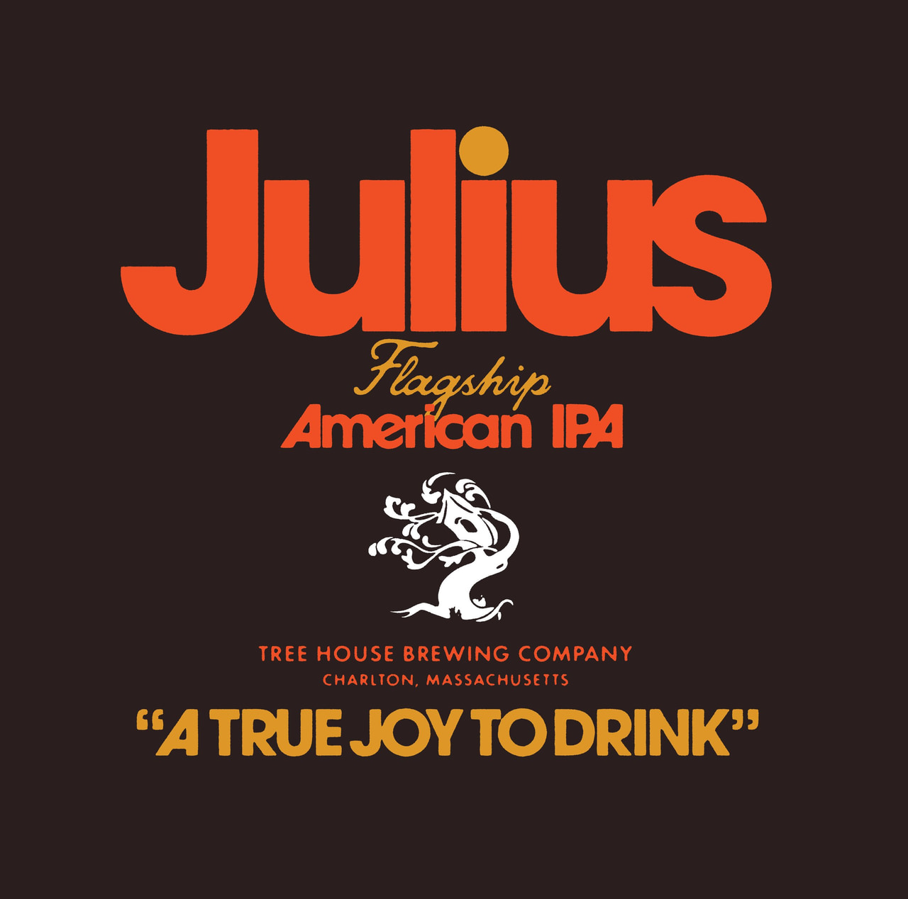 Julius American IPA graphic with large orange Julius lettering, gold accents and a white ornamental tree on dark brown: A true joy to drink.