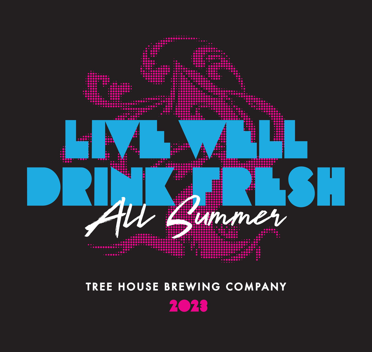 Tree House Brewing Company 2019 graphic with an ornamental tree and blue, purple and white lettering: Live well. Drink fresh. All summer.