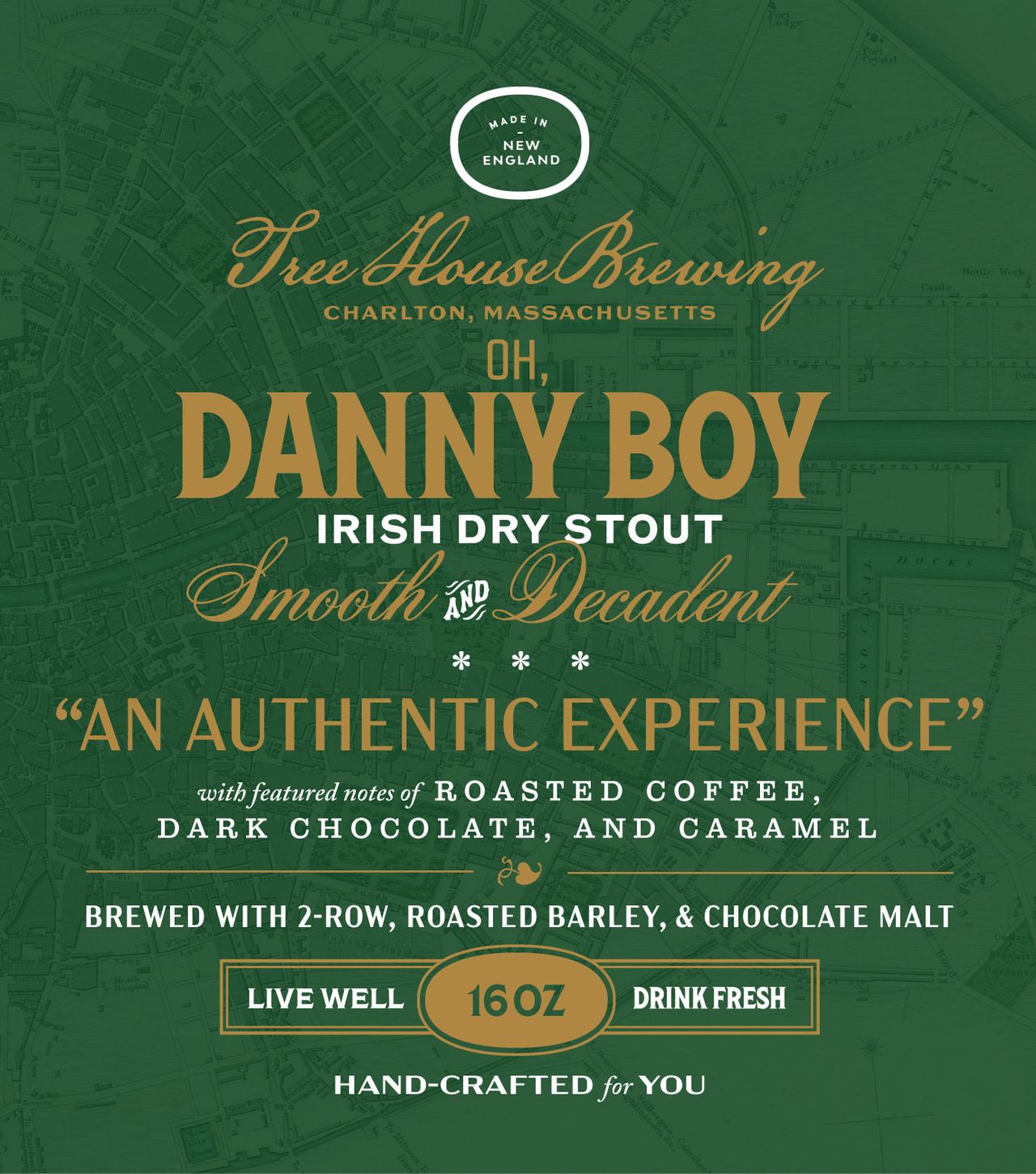 Green Oh, Danny Boy Irish Dry Stout label with gold and cream lettering and an ornamental tree; An authentic experience, smooth and decadent.