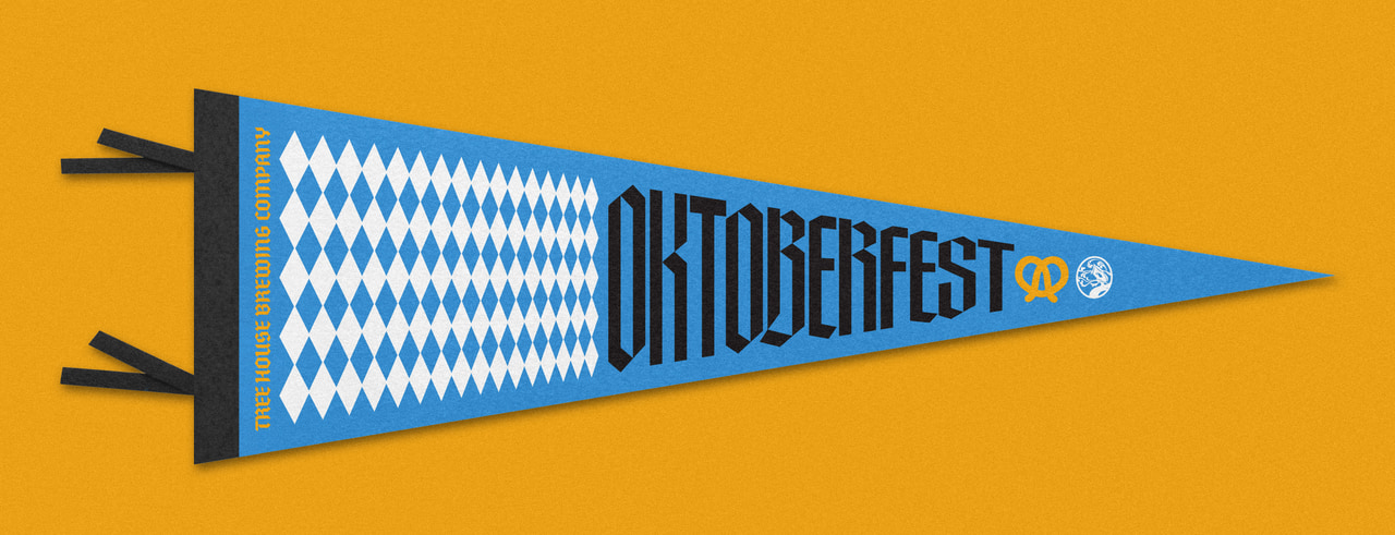 Blue pennant with diamond pattern, black text 'OKTOBERFEST', yellow pretzel icon, and white circular logo. Yellow background with black hanging tabs.