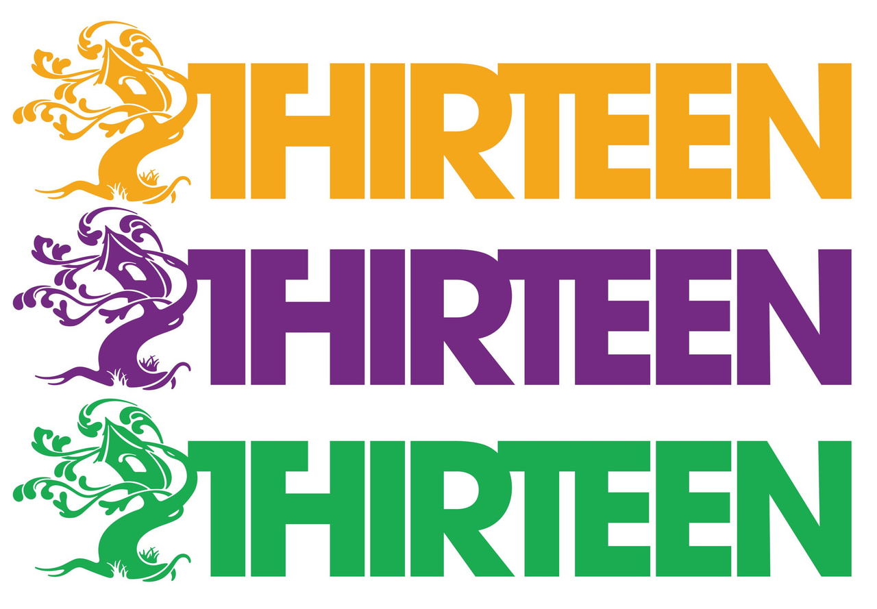 Three rows of Thirteen lettering with ornamental tree marks in yellow, purple and green on white.