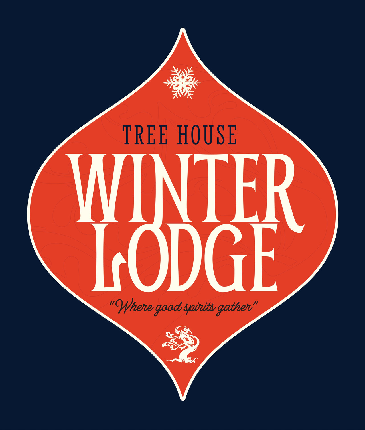 Tree House Winter Lodge graphic in cream lettering inside a red pointed ornament on dark blue, with snowflakes and Where good souls gather.