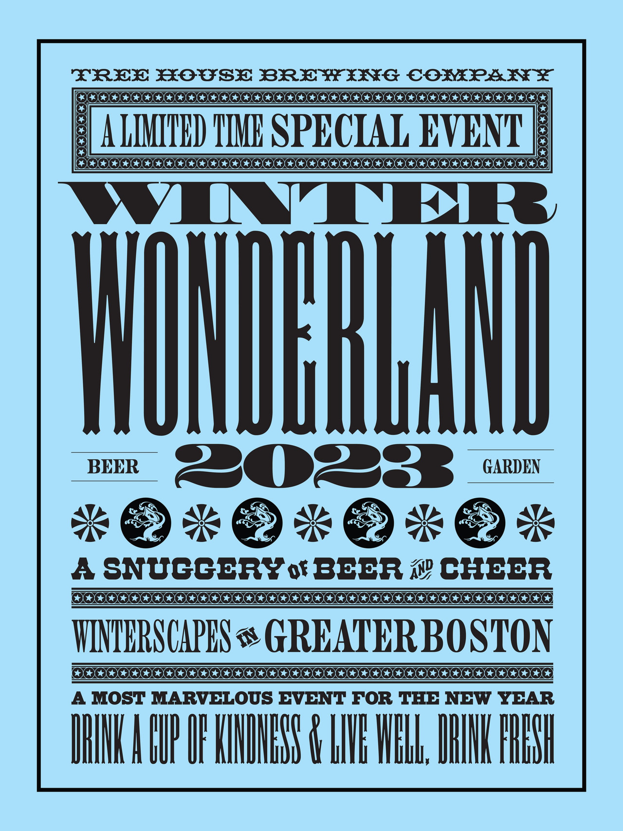 Tree House Brewing Company Winter Wonderland 2023 poster with compressed dark lettering, decorative ornaments and a blue border.