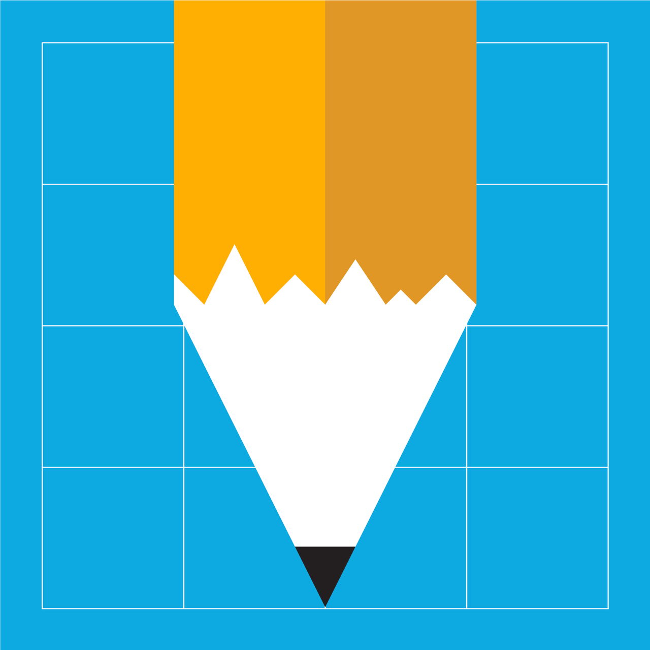 Flat illustration of a large yellow pencil with white sharpened wood and a black point against a cyan construction grid.