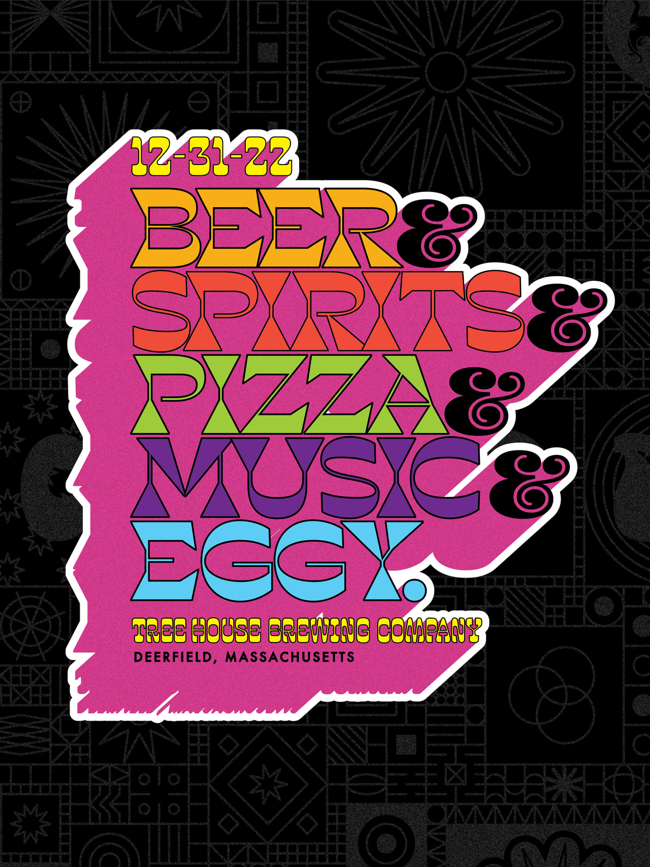 Bright pink silhouette over a dark geometric background with colorful Beer & Spirits & Pizza & Music & Etc. lettering.