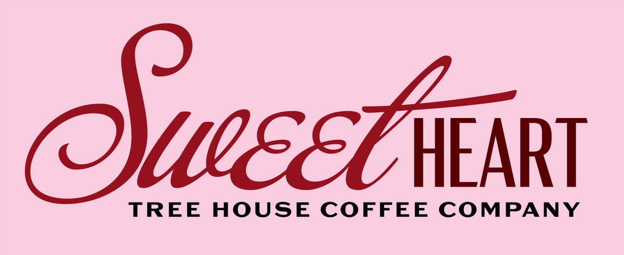 Sweetheart Tree House Coffee Company wordmark in burgundy script and condensed lettering on pink.