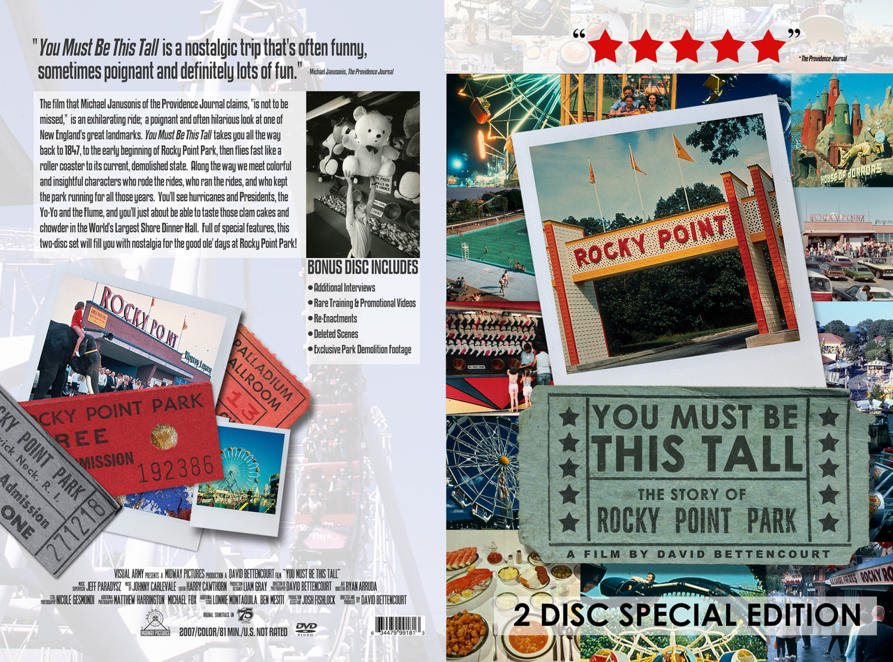 DVD cover for 'You Must Be This Tall: The Story of Rocky Point Park' featuring collage of park photos, ticket stubs, and a central title ticket.