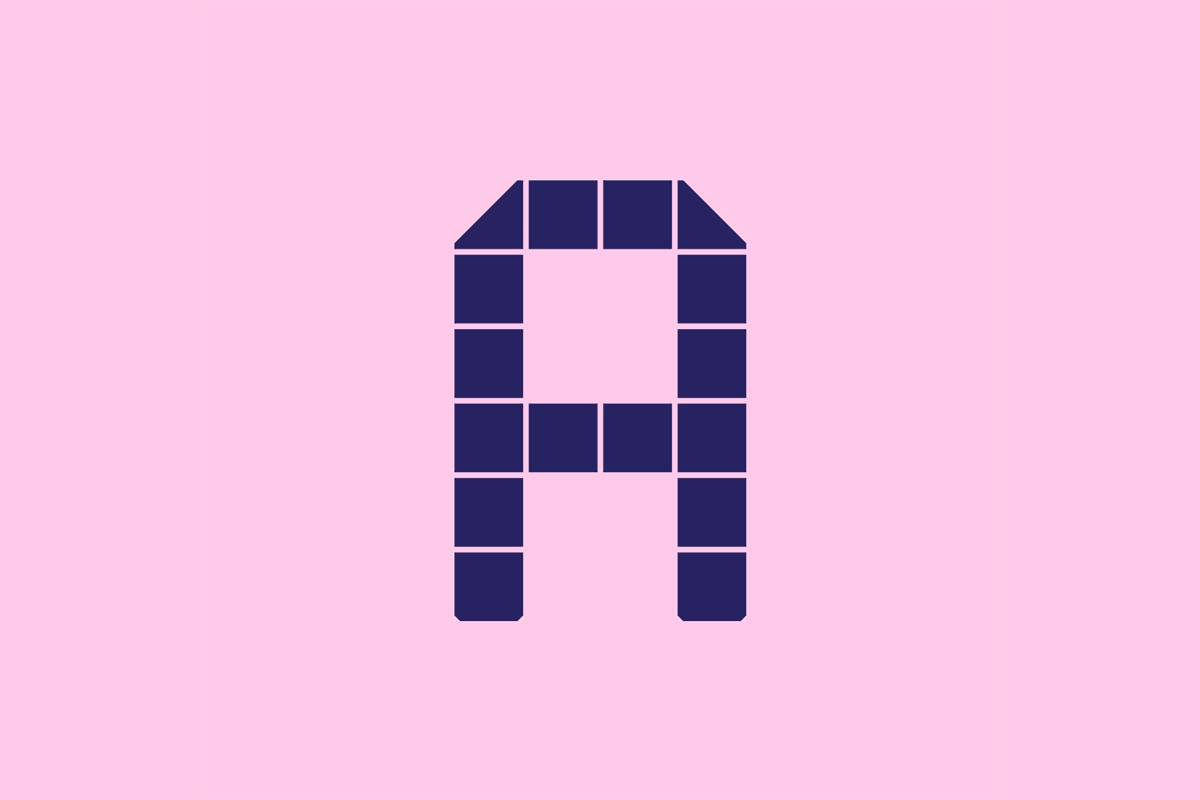 Pool Tile Sans animation presenting geometric letters, numerals, symbols and type specimens in dark purple on pink, yellow and cyan.