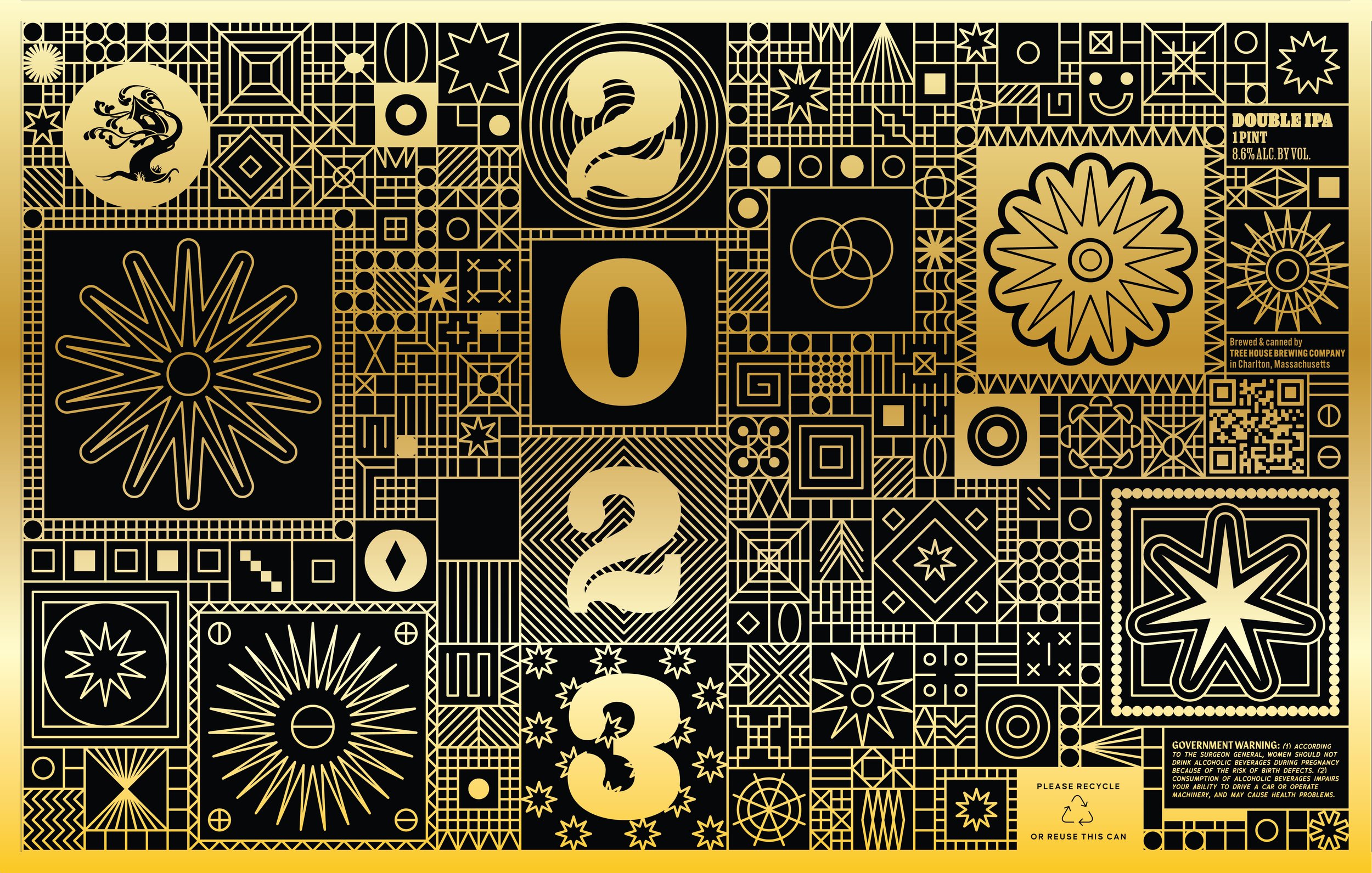 Tree House 2023 design combining large vertical numerals, an ornamental tree, flowers, stars and geometric tile patterns in black and gold.