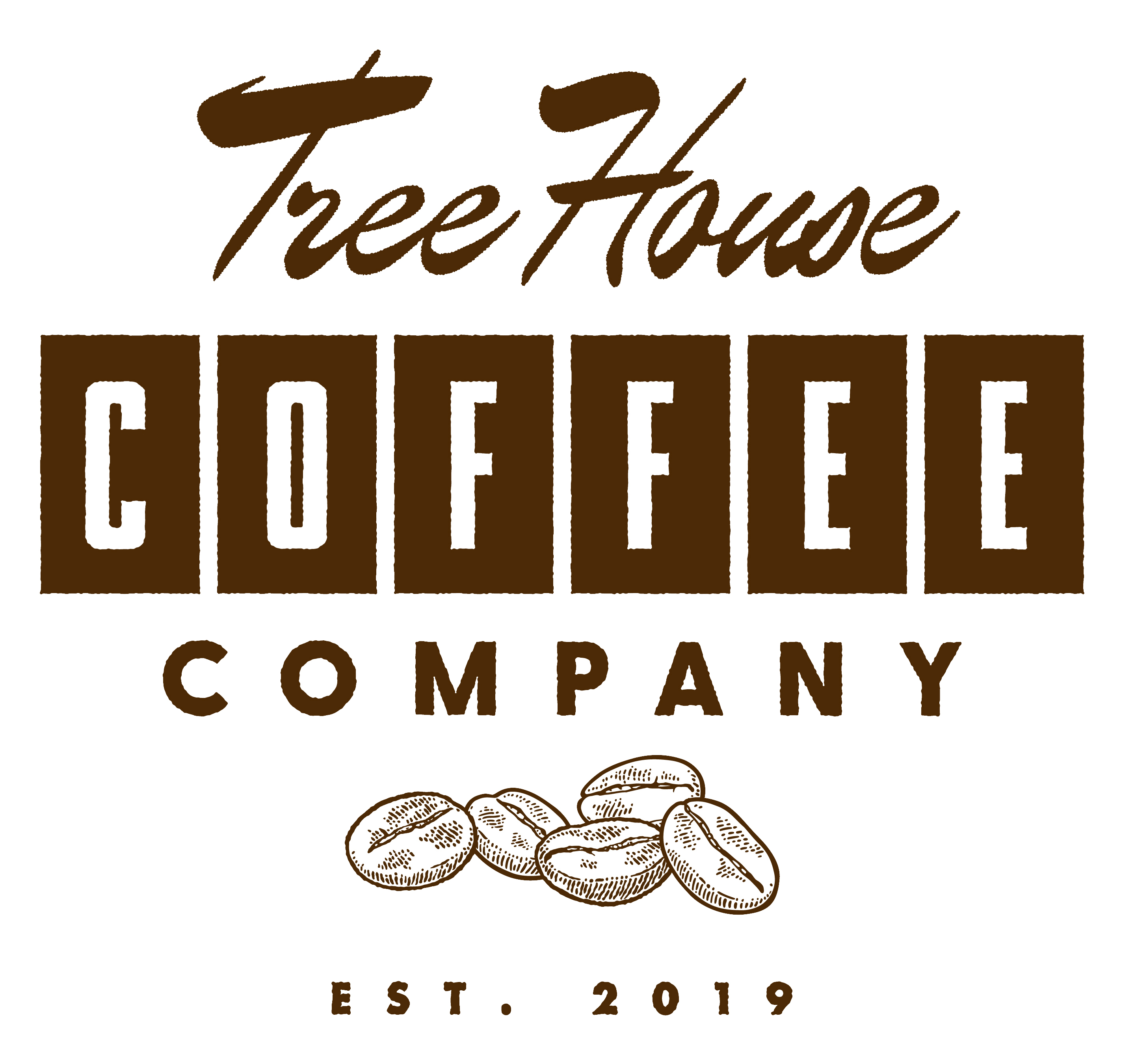 Tree House Coffee Company logo in dark brown, with script lettering, illustrated coffee beans and Est. 2019 on white.