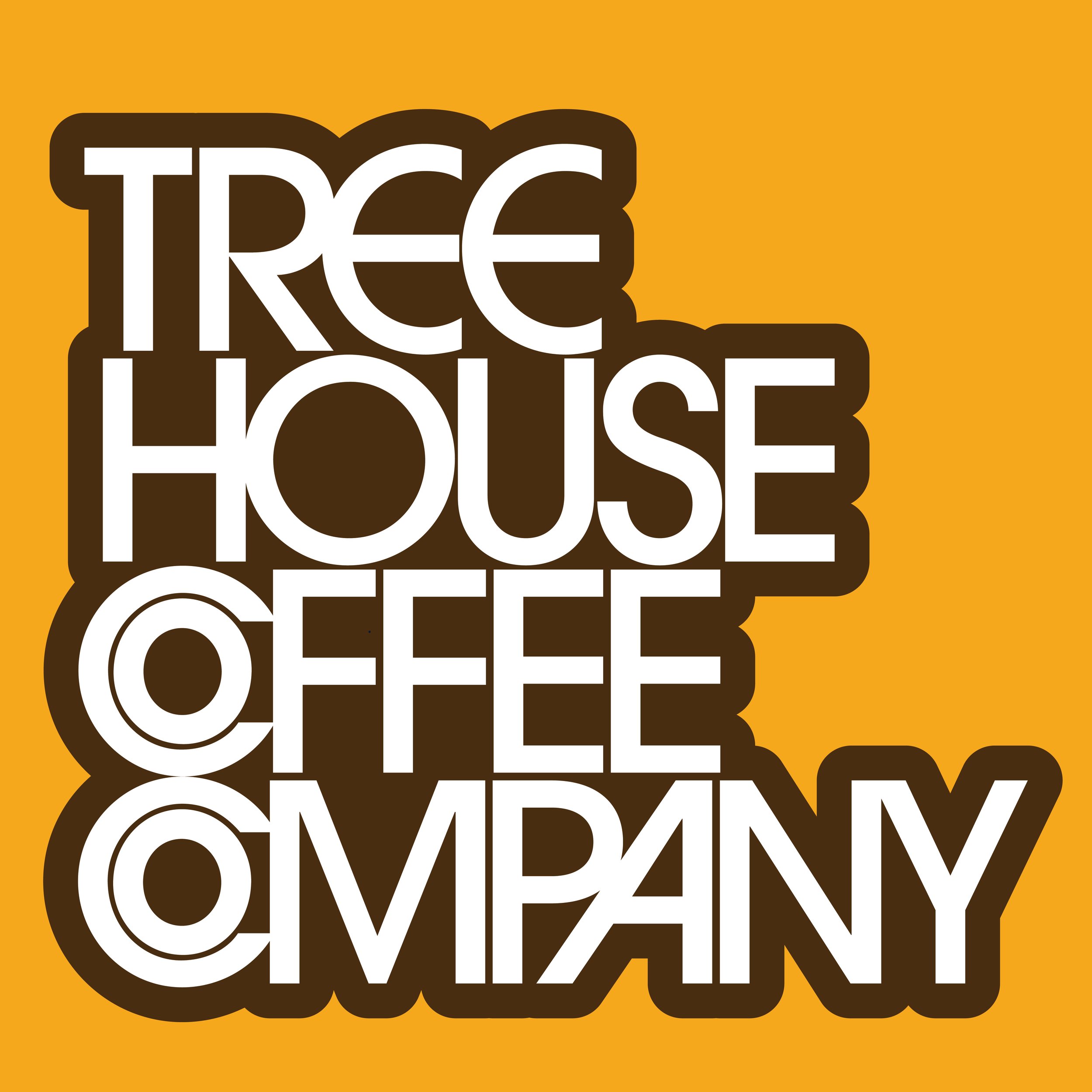 Tree House Coffee Company in stacked white geometric lettering outlined by a dark brown shape on yellow.