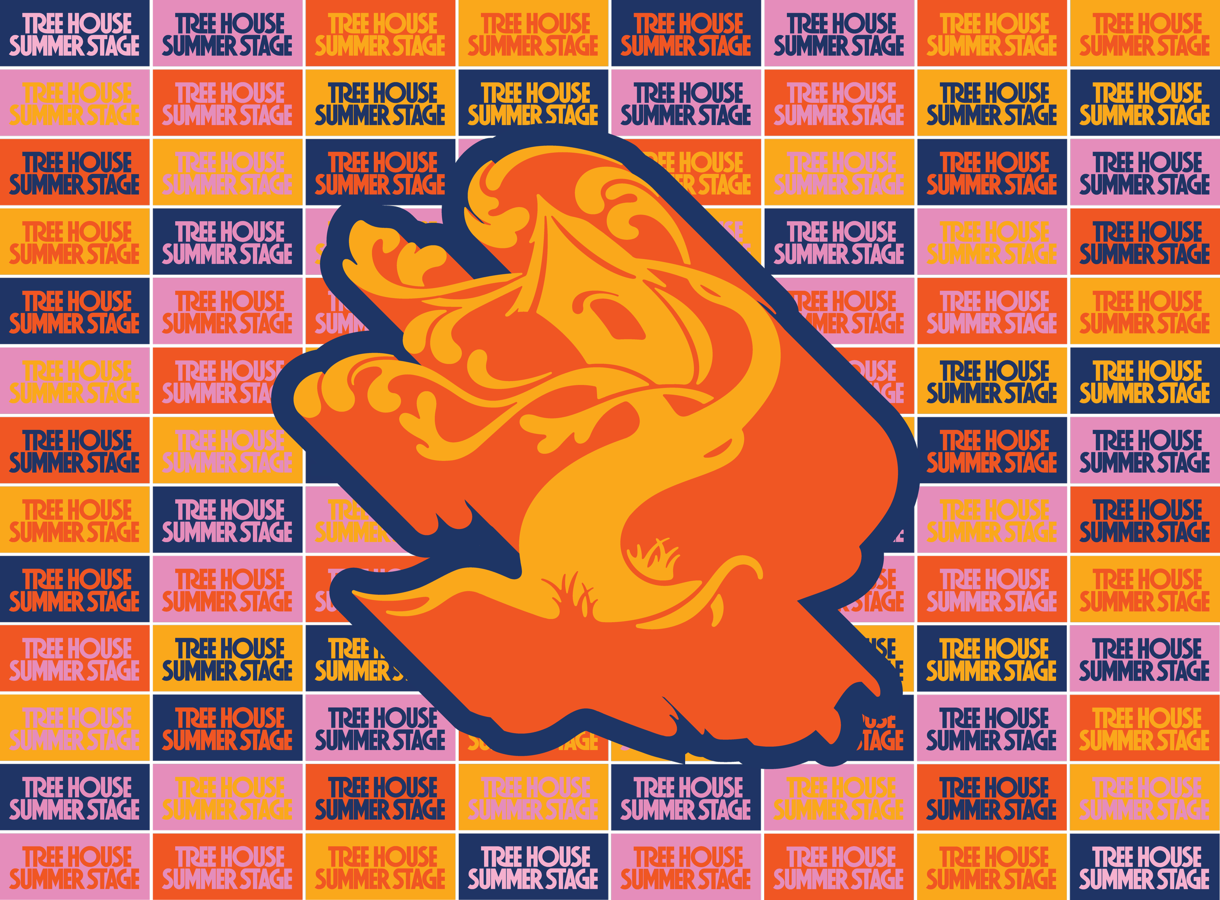 Large orange ornamental tree mark over a checkerboard of Tree House Summer Stage lettering in blue, pink, orange and yellow.